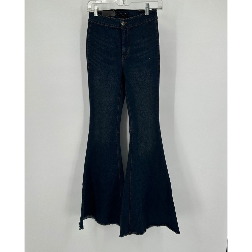 Womens Boho Western Wide Flare Jeans SIze 2 Rocker Indie Dark Wash Raw Hem